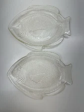 Fish Shaped Glass Dishes Set of 2 Clear Textured Plates USA Made Vintage