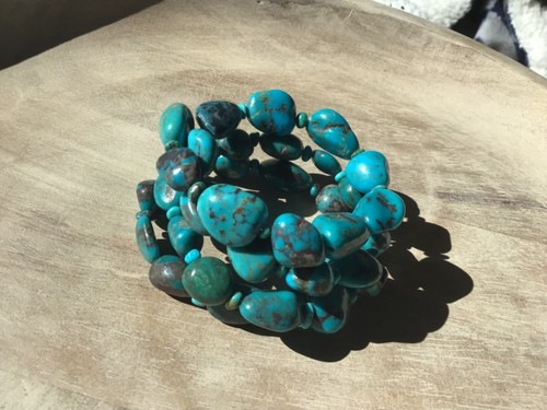 Chunky Blue Turquoise Stone Beaded Triple Wire Wrap Southwestern Bangle Bracelet - Picture 19 of 20