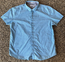 Calvin Klein Teal Blue Gingham Button Down Shirt Slim Fit Short Sleeve Mens XXL