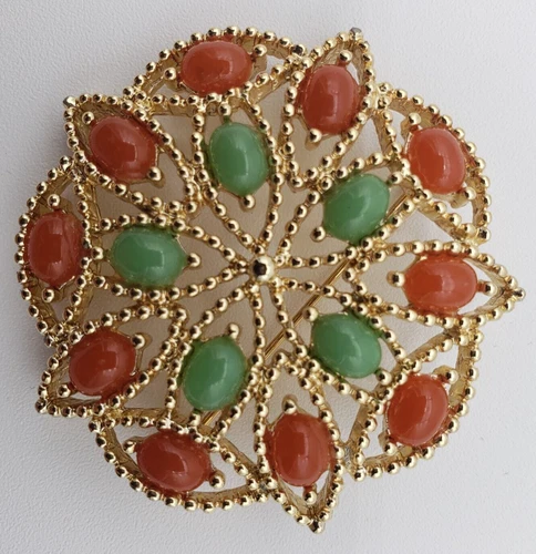 Vintage Sarah Coventry Brooch Pin ACAPULCO Red Green Gold Costume Jewelry 1960