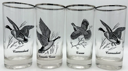 Federal Glass Wild Game Bird Highball Glass Silver Rimmed Set of 4 Vintage 1960