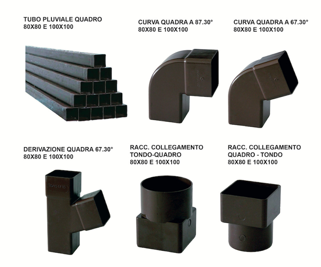 TUBO E RACCORDI QUADRI PVC 80x80 - 100x100 PER PLUVIALI COLORE MARRONE - GRIGIO