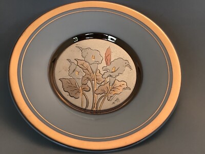 Vintage Japanese Chokin Art Collectors Plate Calla Lily Silver Copper 24K Gold