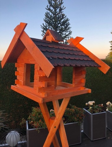 DARLUX Rechteckiges Holzvogelhaus XL Vogel Futterhaus + Ständer Braun/Schwarz - Bild 8 von 9