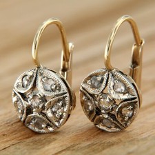 Boucles d'Oreilles en OR Jaune et DIAMANT Dormeuses style Anciennes Pendantes 