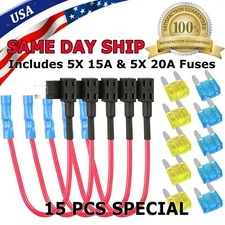 15Pcs Fuse TAP ADAPTER KIT 12V 20 Amp Car Add-a-circuit Mini ATM APM Blade Fuse
