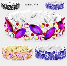 Wide Crystal Rhinestone Evening Bridal Stretch Bangle Bracelet Marquise Vine NEW