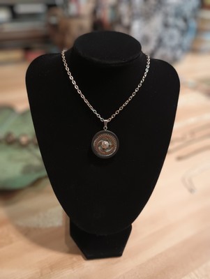 OOAK Handcrafted Steampunk Pendant Necklace Metal 24'' Wooden Bezel Acrylic 