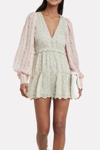 Hemant & Nandita Sana Long Sleeve Mini Dress In Pink Blue Green Ruffle Size M - Picture 13 of 18