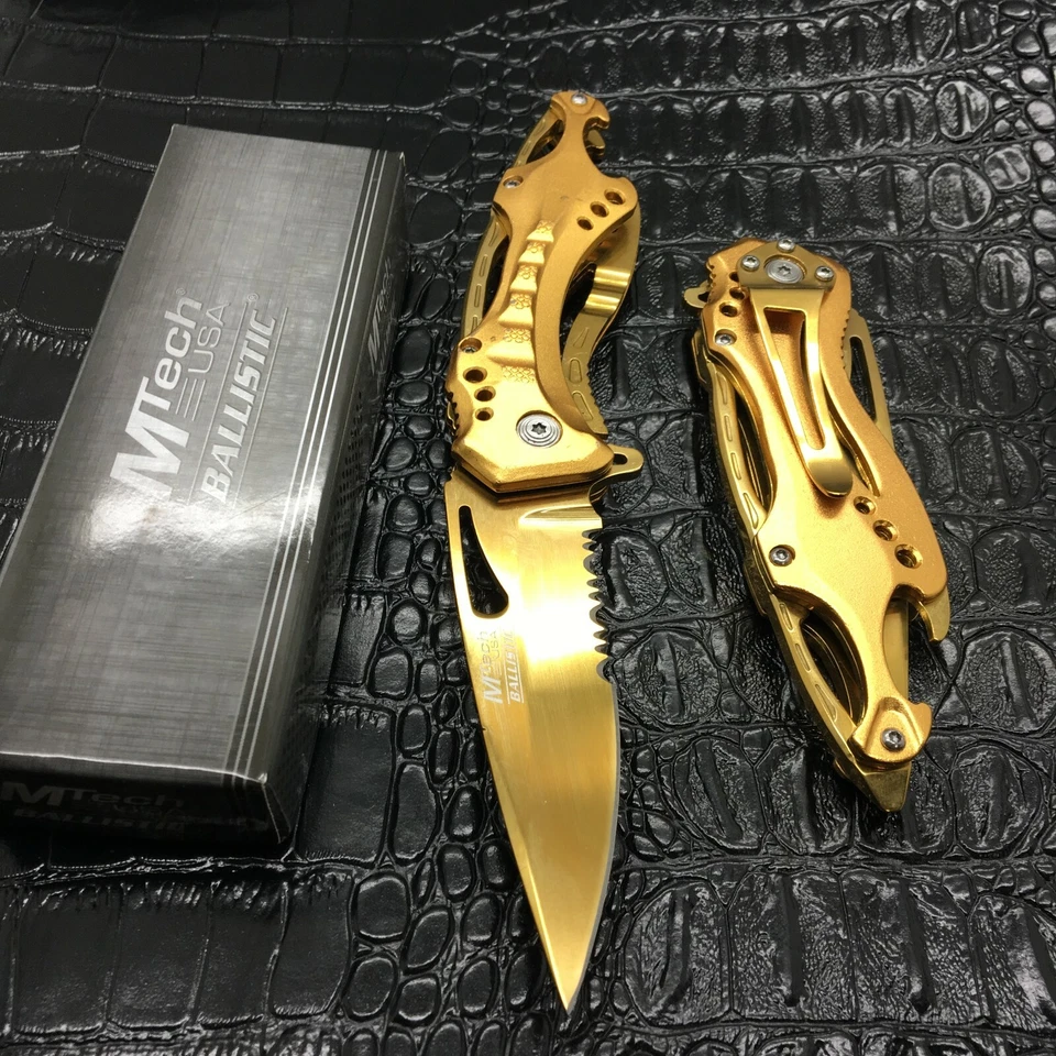 ¡Navaja de Bolsillo M-Tech Rescate Táctico Aluminio Recubierto por Resorte TODO DORADO! Foto 4 de 4