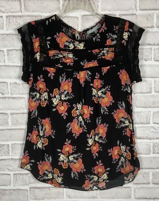 Daniel Rainn Top Womens Sz L Black Red Floral Print Pullover Short Cap Sleeves