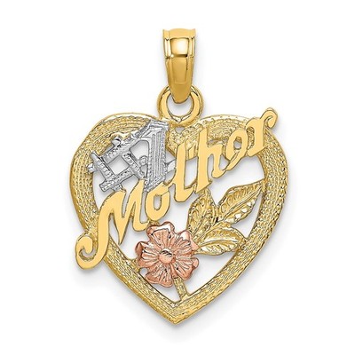 10K Two-tone Gold with White Rhodium #1 MOTHER Heart Charm Pendant Gift For Mom