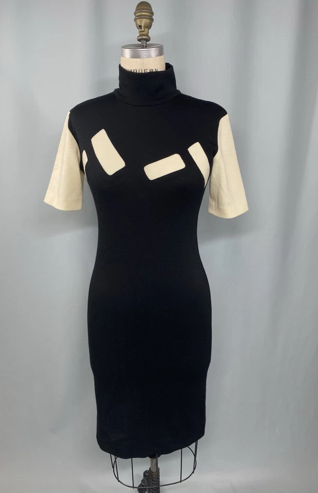 ETHAN COHAN GALLERY Vintage Dress SMALL PETITE Wool black ivory white 80s 90s - Image 2 of 4