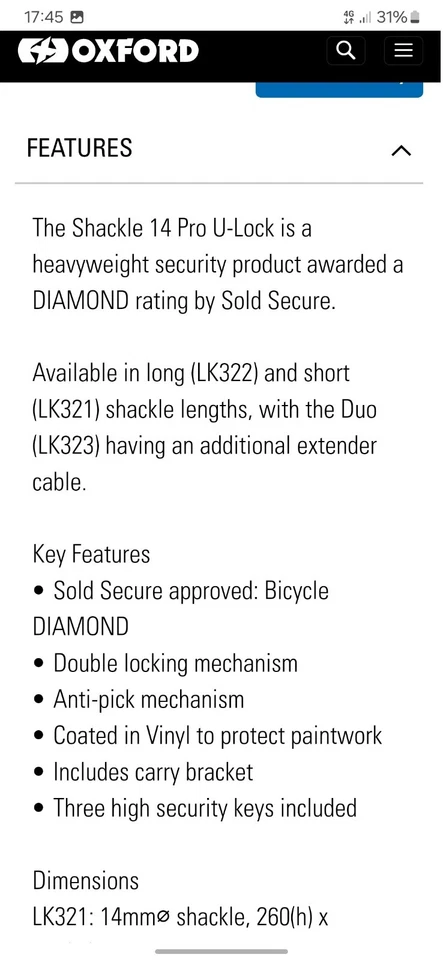 Oxford Shackle 14 Pro lock. Sold Secure Diamond rated. RRP £47. - Image 4 of 4