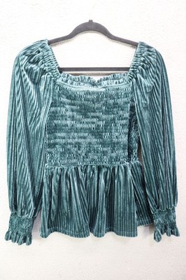 LuLu Pleated Velour Top-Coco & Carmen-Long Puff Sleeves Square Neck Tunic-S/M
