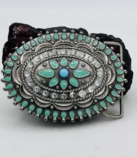 Southwestern Enamel Turquoise Crystal Concho Belt Buckle Western Silver Tone