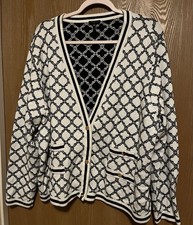 Talbots Plus 3X Black and Ivory Lattice Jacquard Cardigan Sweater