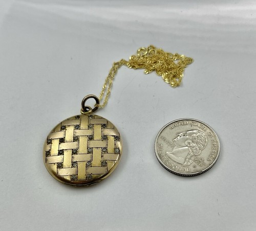 Art Nouveau Rolled Gold Basketweave Locket Paste Rhinestones Pendant Necklace - 第 10/14 張圖片