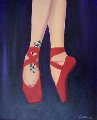 Original Acryl Gemälde auf Leinwand. ''Rote Ballettschuhe''. Signiert. Colin Marson.