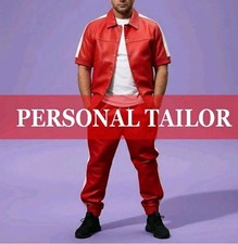 Men's Genuine Lambskin Leather TrackSuit Short Sleeves Sweatsuit Red/White 