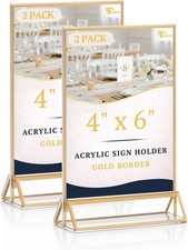 2 Pack Acrylic Sign Holder 4 x 6 Double Sided Gold Picture Frame Stand up Table