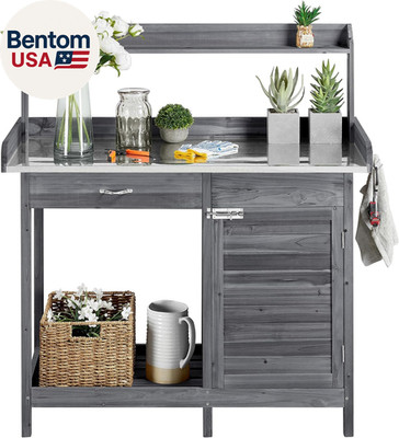 Outdoor Potting Bench Table, Garden Workstation W/Metal Tabletop/Cabinet Drawer/
