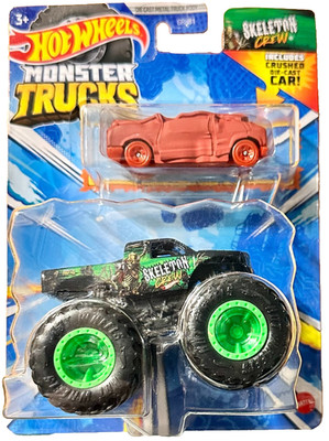Hot Wheels 2024 Monster Trucks SKELETON CREW Black w/ Crushed  Car HWN44