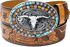 Women-Western-Cowboy-Leather-Belts Turquoise Oval Buckle Embossed Belts