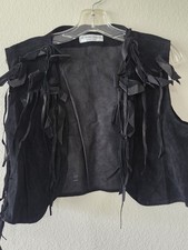 Vintage Real Suede Leather Fringe Western Boho Hippie Festival Vest Adult Black