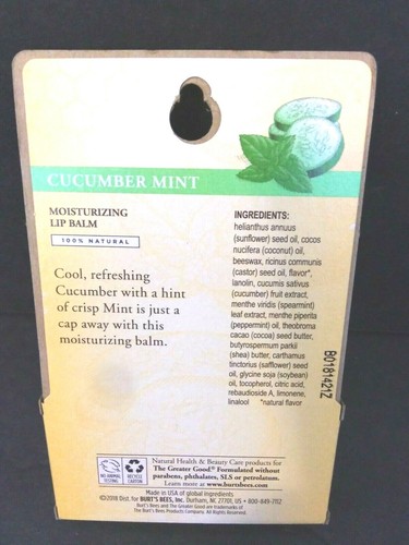Burts Bees Lip Balm Beeswax 100% Natural Moisturizing Cucumber Mint 2 Tubes NEW - Picture 3 of 6