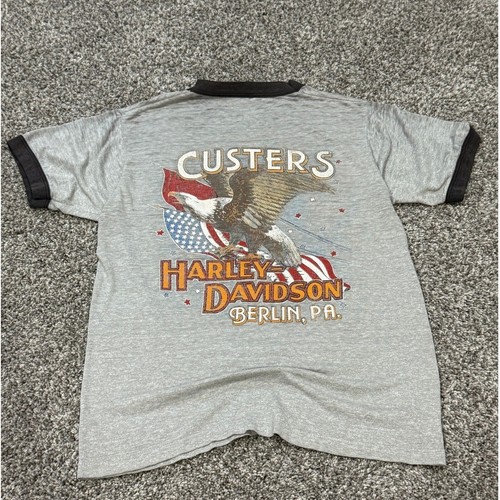 Vintage 80s Harley Davidson Motorcycle Ringer Tee Custers PA Cut Tag 18 x 22.5 - Picture 2 of 3