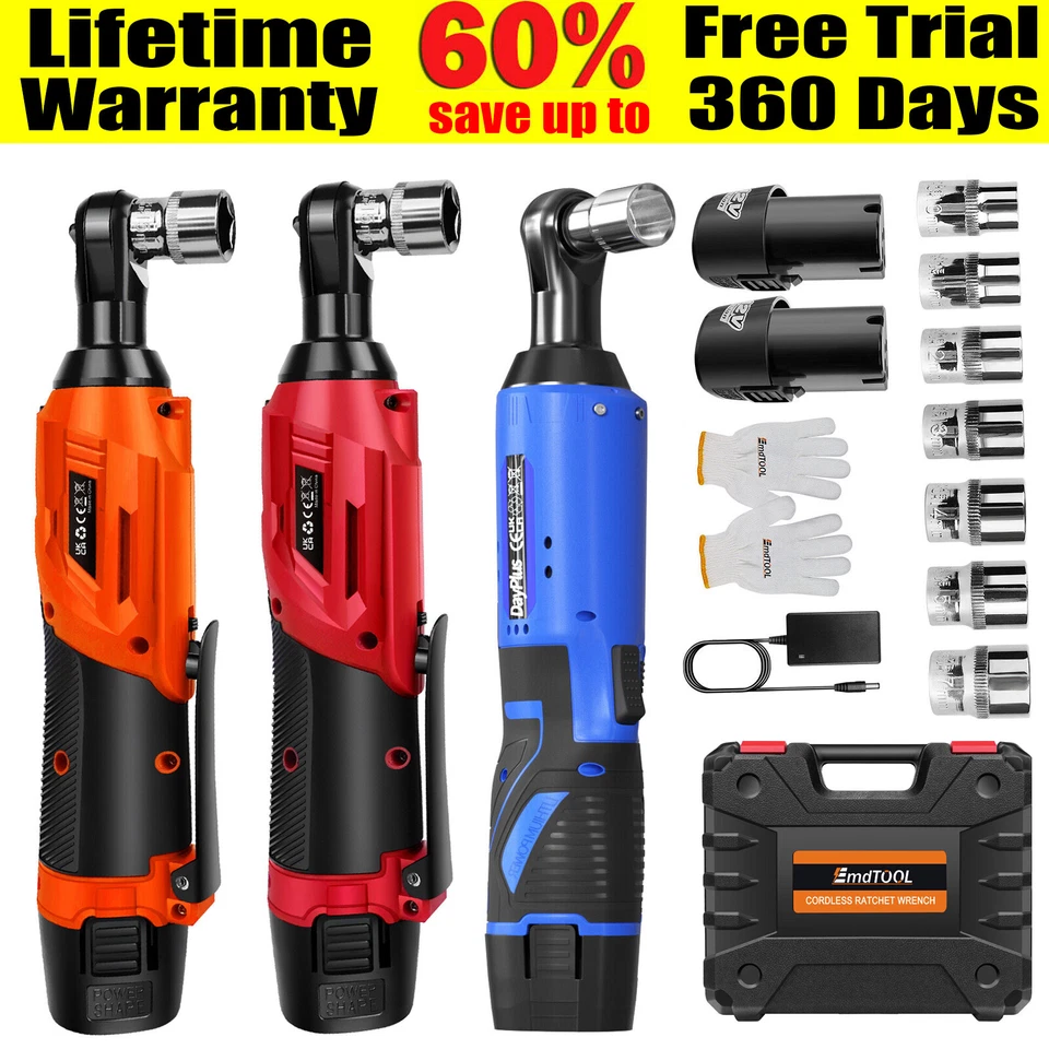 DAYPLUS 500Nm Electric Cordless Right Ratchet 3/8'' 90 Angle Wrench Power 2 Battery Kit