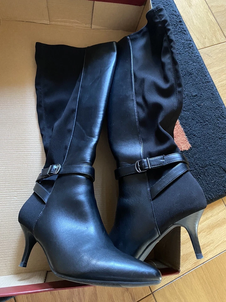 Botas hasta la rodilla de cuero para mujer punta puntiaguda tacón alto vestido granero ~ negro ~ talla 8 Foto 3 de 4
