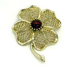 Vintage Emmons Flower Brooch Gold Tone Red Stone