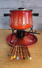 Scandinavian Style ENAMEL POT W/ Lid Tray, Stand Red Orange Atomic Diamond