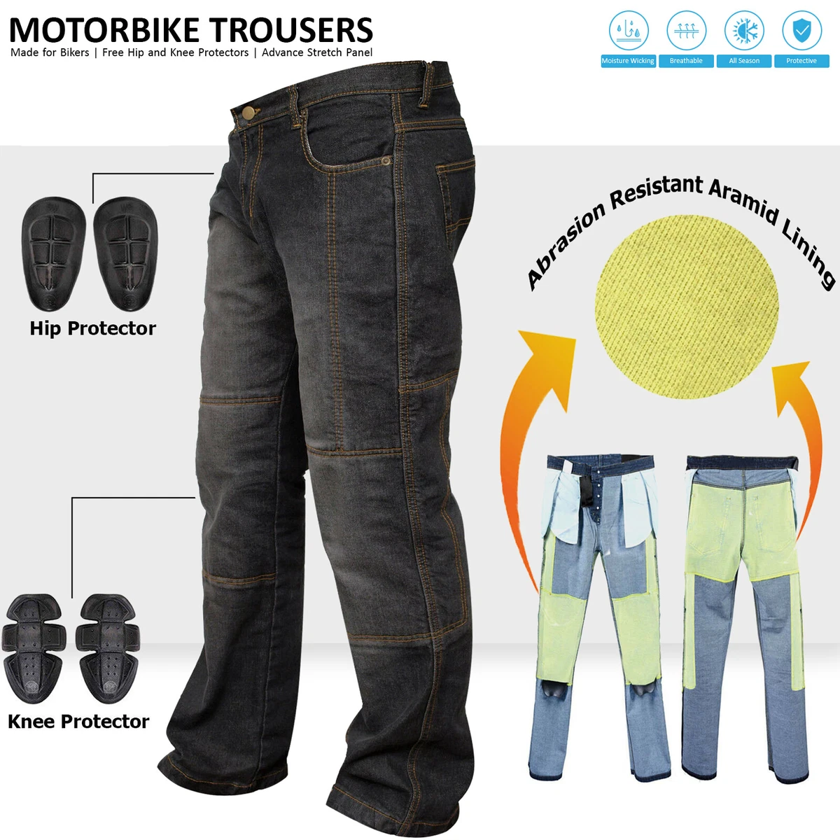 Mens Denim Black Motorbike Motorcycle Jeans Pants Aramid Lining Armour  Trousers