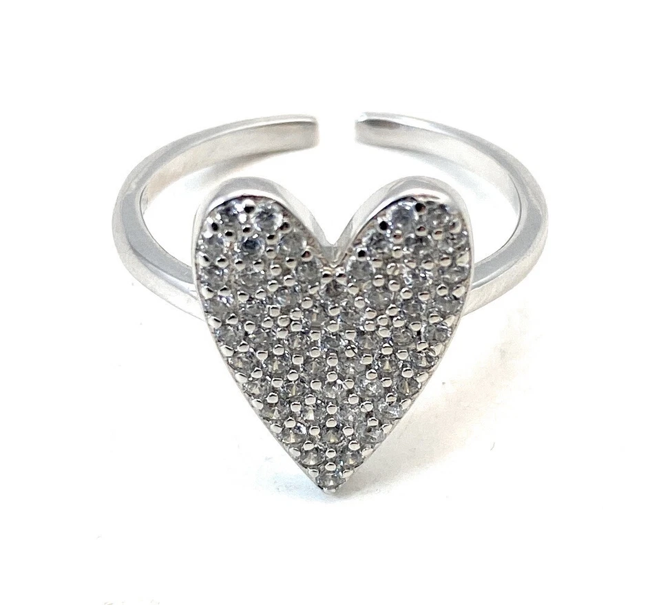 Anello Cuore Pavé Zirconi in Argento 925 – Rodio Bianco, Regolabile,diWa Jewels - Immagine 2 di 2