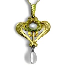 JUGENDSTIL GOLD EMAIL ANHÄNGER KETTE KREMENTZ USA UM 1900