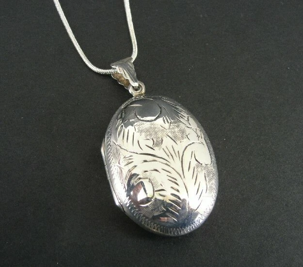 Necklace Silver Locket Oval Engraved Design Sterling 925 Pendant NECKLACE