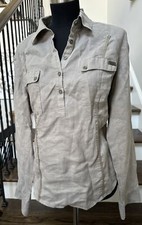 Harley Davidson Beige Shirt 1/4 Button Long Roll Tab Sleeve Blouse Genuine Motor
