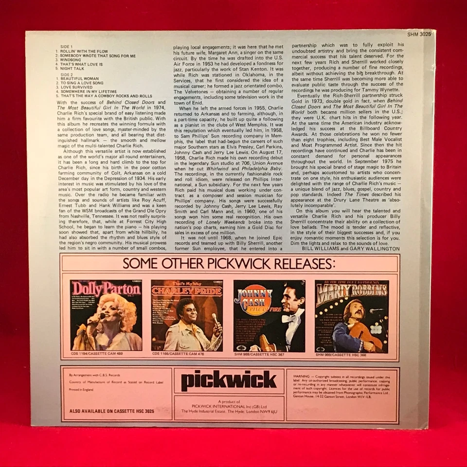 CHARLIE RICH Songs Of Love 1977 UK vinyl LP Rollin' With The Flow Windsong - Image 2 of 3