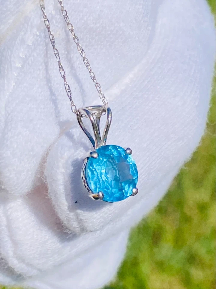 Colgante solitario firmado oro blanco 14K topacio azul + collar de cadena 10K Foto 2 de 4