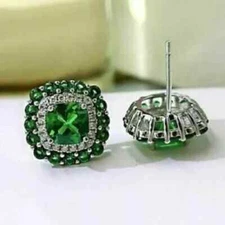 3Ct Lab-Created Green Emerald Diamond Halo Stud Earrings 14K White Gold Finish
