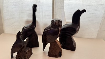 Vintage MCM￼ Set of 4 Ironwood Sculpture Iron Wood  quail ,crane,seagull ,hawk