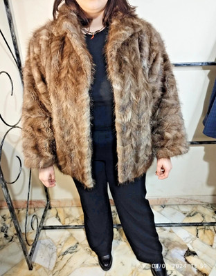 Echt Nerz Pelz Braun Jacke Chevron Fischgrät Vintage Damen M