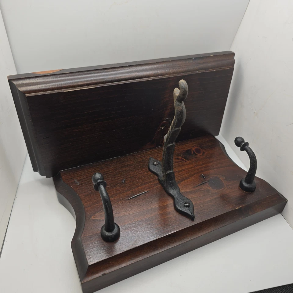 Vintage Wooden Wall Coat Hat Rack Shelf Cast Iron Hooks Foyer Hall Dark Wood - Image 4 of 4