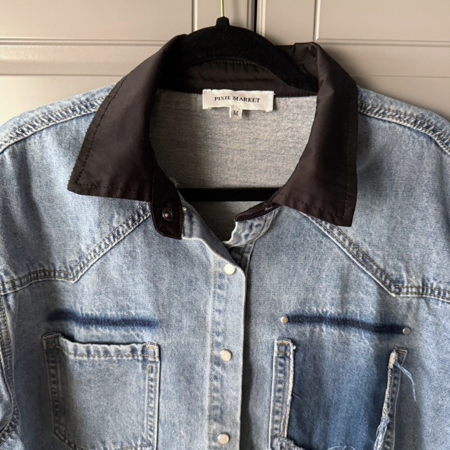 Pixie Market Denim Button Down Long Sleeve Distre… - image 3