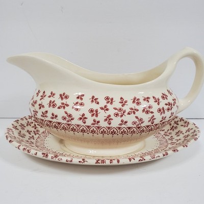 English Ironstone Tableware Provence Red Floral Gravy Boat & Underplate Set of 2