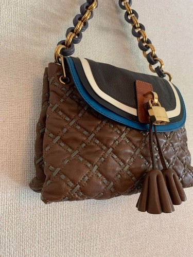 MARC JACOBS Quilted Leather Chain Shoulder Bag Brown & Blue Tassel Padlock Used - Picture 4 of 14