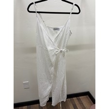 LJC Designs White 100% Linen Wrap Midi Dress Adjustable Straps Womens SM